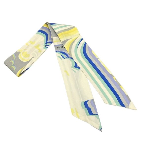 HERMES Twilly - Light gray White Multi Scarf 190-072225 - Picture 1 of 7